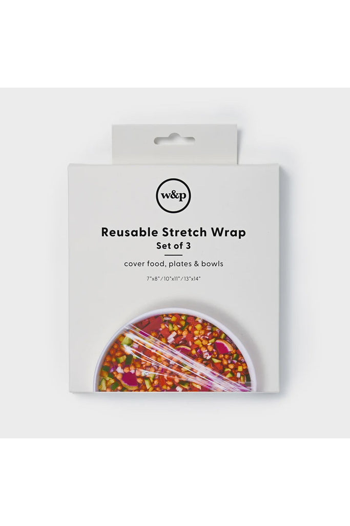 W& P Reusable Stretch Food Wraps Set of 3 Cover Foodm, Plate, Bowls. Front of packaging box.