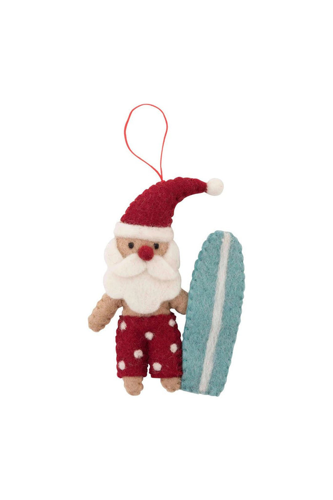 Pashom Hanging Felt Christmas Decoration Santa in spotted Surf Pants holding a Blue Surfboard