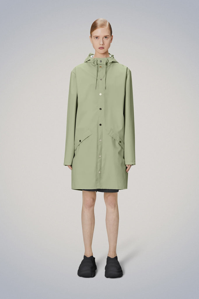 Rains Long Jacket Earth Green on model front view buttoned up 