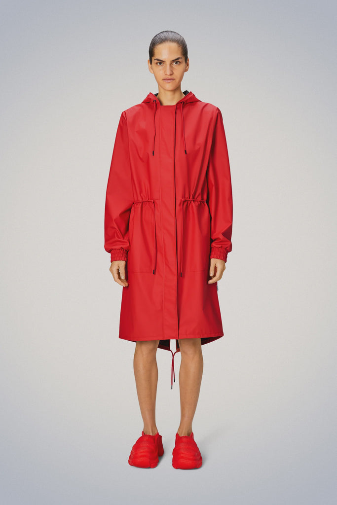 rains String W Parka Fire Red on model front view buttoned up