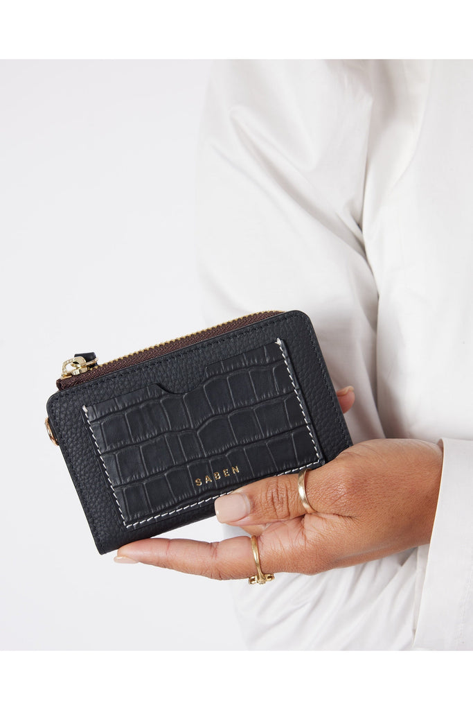 Wednesday Wallet | Black Croc + White Stitching Womens Wallets Saben