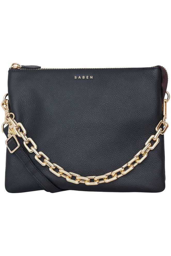 Saben Matilda Shoulder Crossbody Bag Black Leather with a gold chunky chain handle