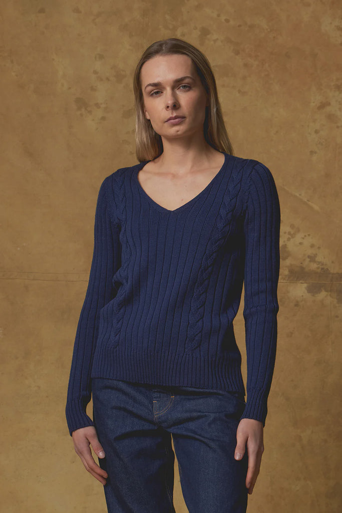 Standard Issue Merino Cable Jumper Oxford Blue on model