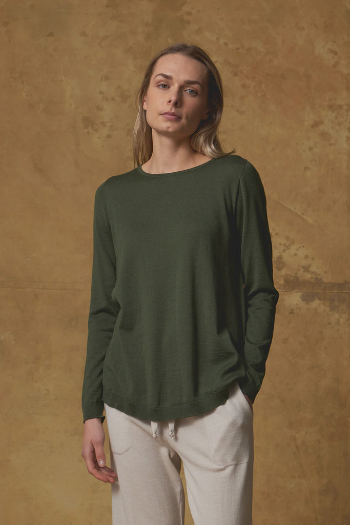 Standard Issue Merino Swing Sweater Loden Green on model
