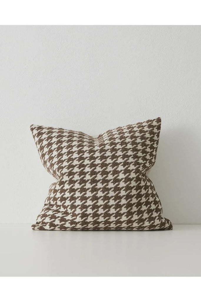 Warwick NZ Weave NZ Giovanni Cocoa houndstooth bouclé cushion.Offering a tonal colour palette and striking finish, the Cocoa colourway brings a gorgeous rich brown with white for a warm, cosy style.