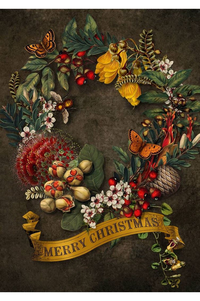 Wolfkamp & Stone NZ Christmas Greeting Card featuring Old Masters Wreath made from NZ native foliage, flowers and butterflies